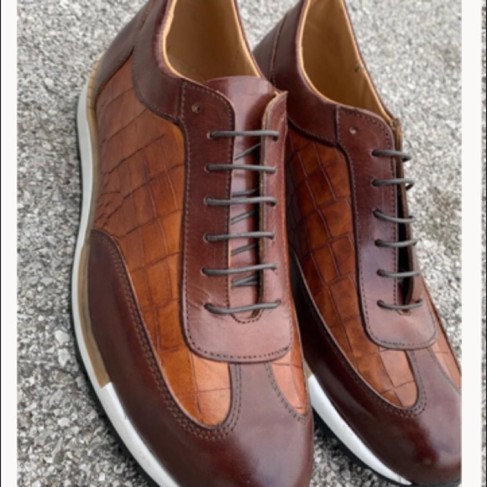 Tan alligator embossed leather sneakers